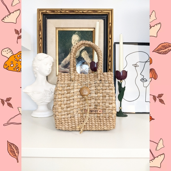 Vintage 90 Esprit Cottagecore Tan Woven Ratan Square Basket Mini Bag - Picture 9 of 9